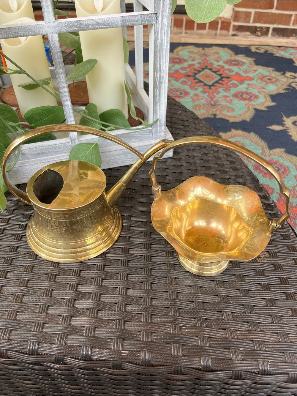 Brass Watering Can and Floral Bowl Set - Golden Brass Décor
